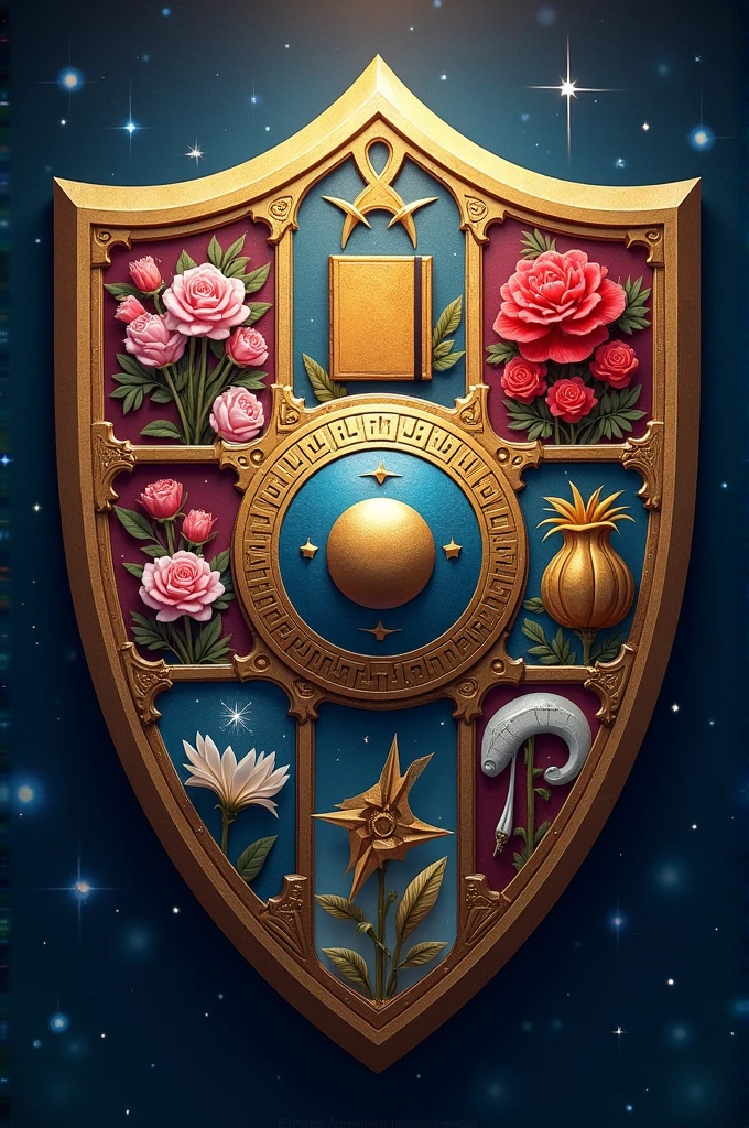 Shield that has flowers, books, music, stars , officer, and paintings 