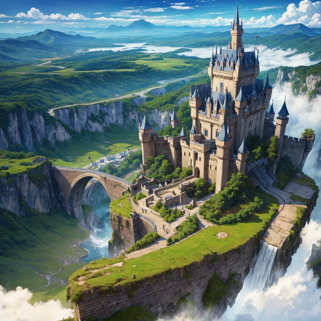 Castles in Medieval Europe、Huge castle、A sturdy gate、Bridge leading to the castle gate、Towers on either side of the castle gate、Many towers stand、Castle on top of a mountain、Strong Walls、Deep Valley、Big waterfall、Dragon flies in the sky、Looking up、Dark Clouds