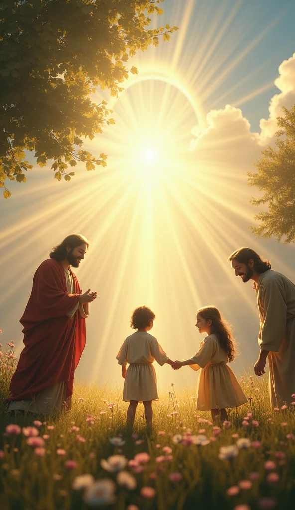 Create an image that portrays Jesus&#39; childhood with a divine touch. The scene should show baby Jesus in a simple and peaceful environment., radiating soft light around you, symbolizing his holiness and power since childhood. He must be surrounded by children and adults, everyone admired and touched by his presence. Include natural elements like trees and flowers to represent the purity and simplicity of the scene.. The sky should have soft shades of blue and gold, with a faint glowing halo above Jesus, highlighting its divine nature. The environment should convey a feeling of love, peace and miracle.