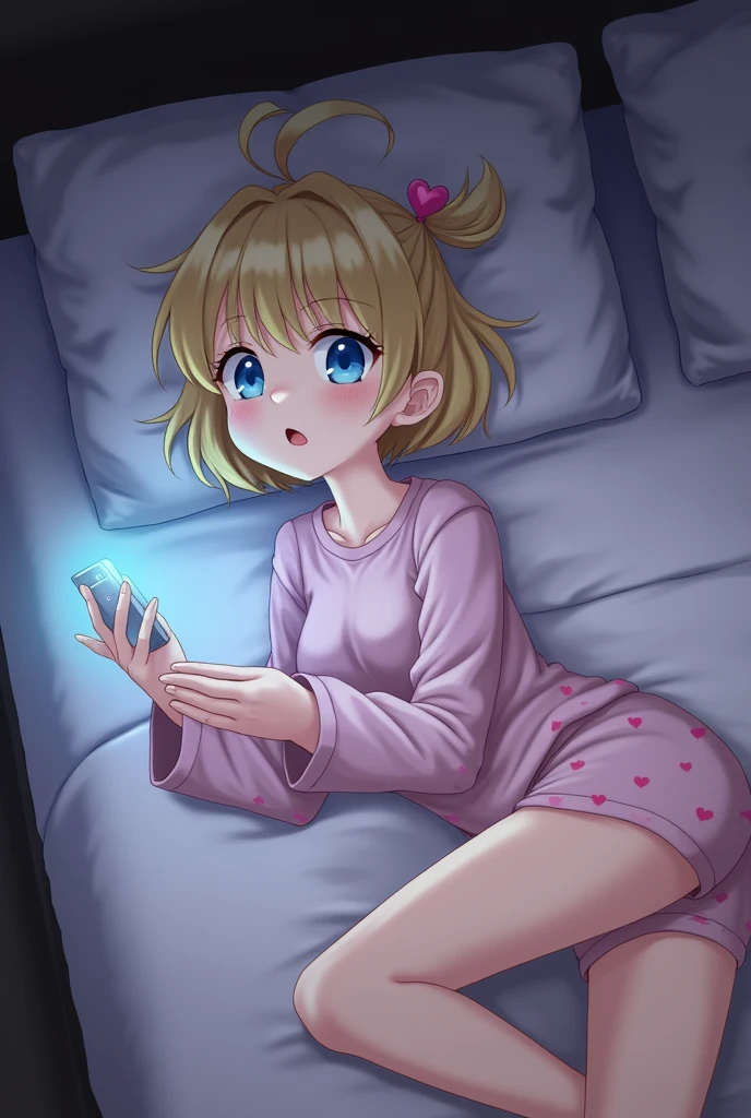 The image shows a female character in an environment that appears to be a bedroom., in a lying position on a bed. Let's analyze the details of this image in parts.:
### charachter:
- **Face and Expression**: The character has short, blonde hair with bangs and side locks., as well as a small pigtail on top of the head adorned with a heart-shaped accessory. Your eyes are big, expressive, and blue in color, with flushed cheeks, which may indicate shyness, surprise, or even a certain nervousness. His mouth is slightly open, reforçando a expressão de surprise ou espanto.
- **vestimentas**: She is wearing light pink pajamas covered in little red hearts., which is very comfortable and typical of girls' sleepwear. The pajamas include a long-sleeved top and short shorts.. The shorts appear to be slightly lowered, revealing a significant amount of skin above the waist.
- **Position and Posture**: The character is lying on her side, with legs bent, one of which is raised and partially covered by pajamas, but still reveals part of her thighs and buttocks. One hand is holding an electronic device, possibly a cell phone or handheld console, that emits a bluish light, indicating that the device is turned on. The other hand appears to be resting on the bed, or slightly hidden, contributing to the cozy posture, but with a touch of vulnerability.
### enviroment:
- **Lighting**: The lighting is predominantly soft, possibly depicting a nighttime or low-light setting, with the main light coming from the screen of the device she is holding. The blue light from the device partially illuminates the character's face and a small area around her, while the rest of the environment remains in shadows, suggesting that she is in a dark or dimly lit room.
- **Bed and Sheets**: The character is lying on sheets that appear to be light in color., maybe branc
