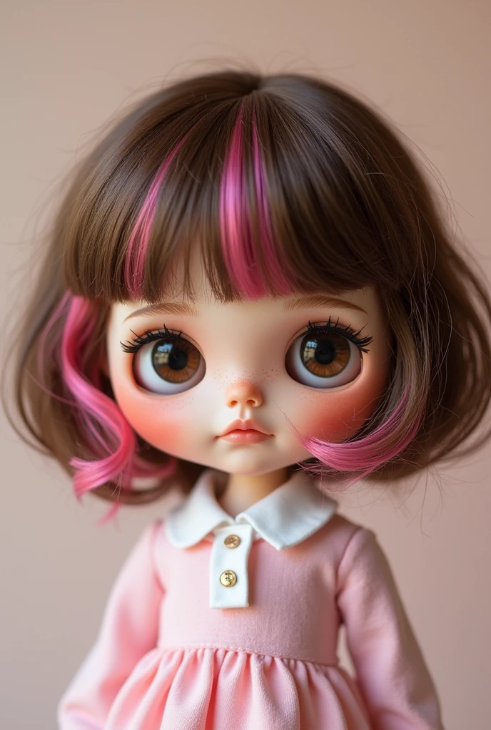 Blythe doll short brown hair with pink highlights