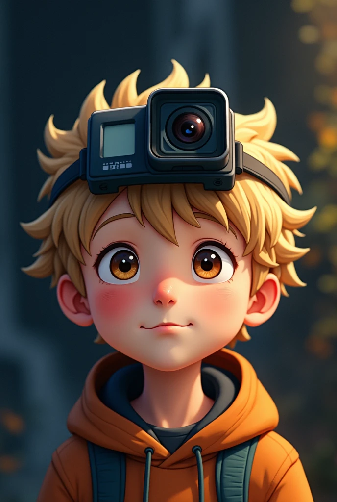 A white skinned boy with curly blond hair with brown eyes and a camera on his head camera gopro anime use darker tones in the background