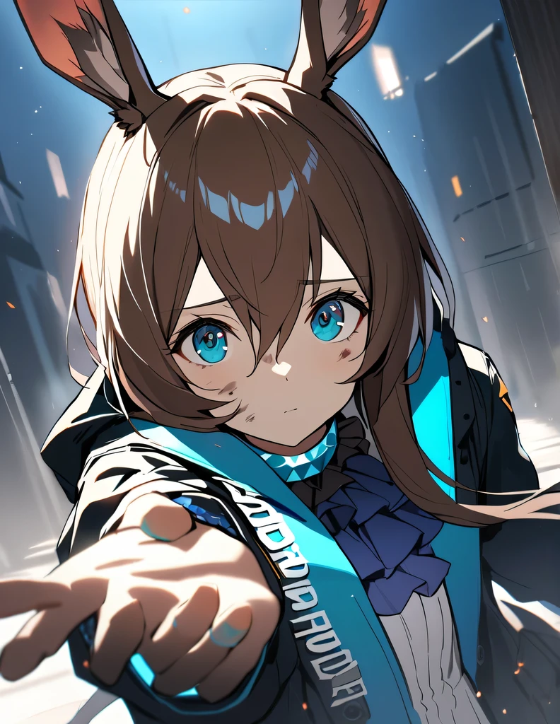 1girl, amiya \(arknights\), arknights, dirty face, outstretched hand, close-up, cinematic angle, foreshortening, dark, dark background, masterpiece, best quality