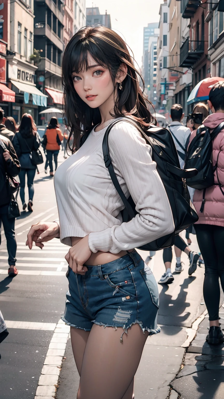 A beautiful Korean woman, 20 years old, pink knitted shirt, long hair, wearing blue shorts, is running in the middle of the city and many photographers are seen chasing the woman. hyper realistic