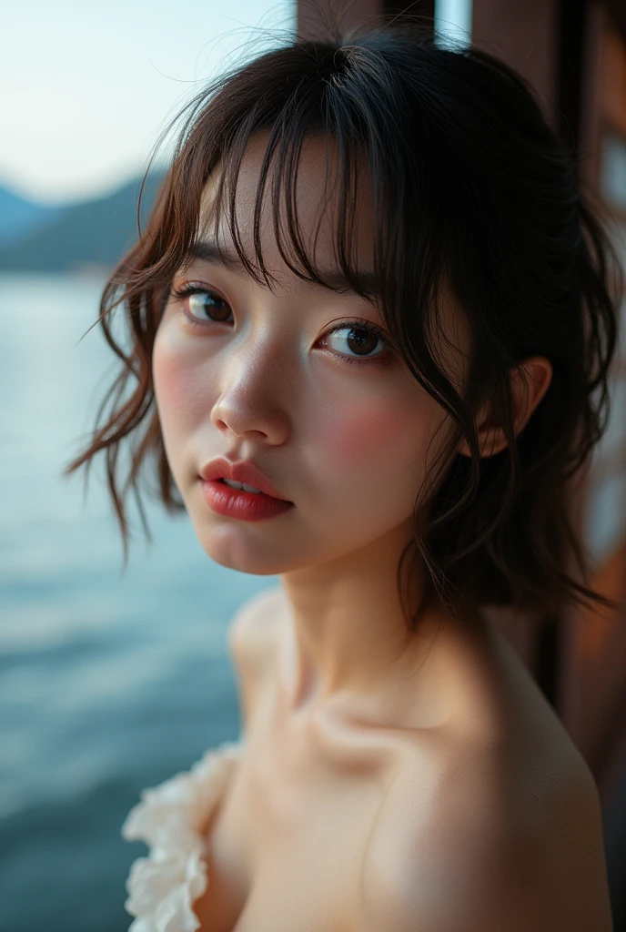 8k, RAW Photos, Highest quality, masterpiece, Realistic, PhotoRealistic, 非常に詳細な8k壁紙, Beautiful and detailed eyes, Detailed painted face, BREAK Professional Lighting, High key lighting, Break Light Twilight, (Calm sea background:1.2, Water reflection, [Mountain]), (Station platform, behind the lattice door:1.0), (Small window in front of lattice door:1.0), BREAKING NEWS WITH SUPER WIDE PHOTO LENS, Break 1 Girl, Short Bob Cut:1.4, Japanese, Wide-set eyes, Very white skin, blush, Embarrassing, 20-year-old, Brown Hair, Wet Hair, Messy Hair, Ecstasy:1.4, smile, Pouting:1.2, Open the mouse a little, (Wearing a Versace off-the-shoulder top + Versace Shorts:1.0), Retrospective Viewer, (From below:1.0, From behind:1.0, From the side:1.0), Cute eyes, Blake sfw:1.1, Non-nipples:1.1, Bokeh:1.0, Framing the break photo, Surrounded by latticed doors, Dynamic Angle, (Eye focus:1.0),maid