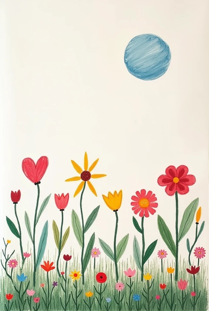 A minimalist garden drawing with colorful floats made with chalk and hearts but some withered flowers with a space above