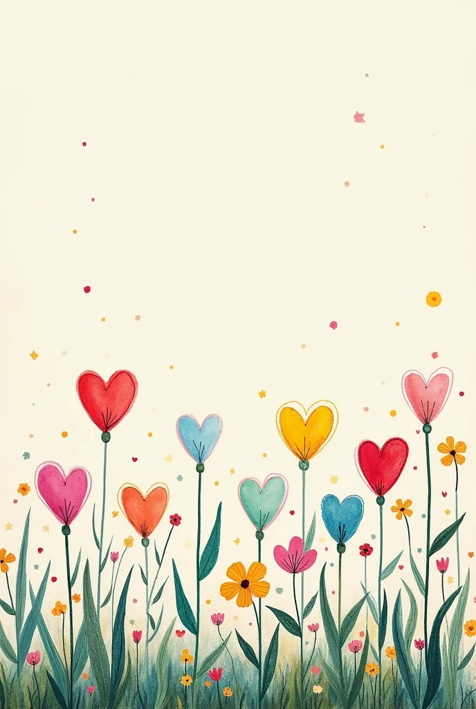 A minimalist garden drawing with colorful floats made with chalk and hearts but some withered flowers with a space above