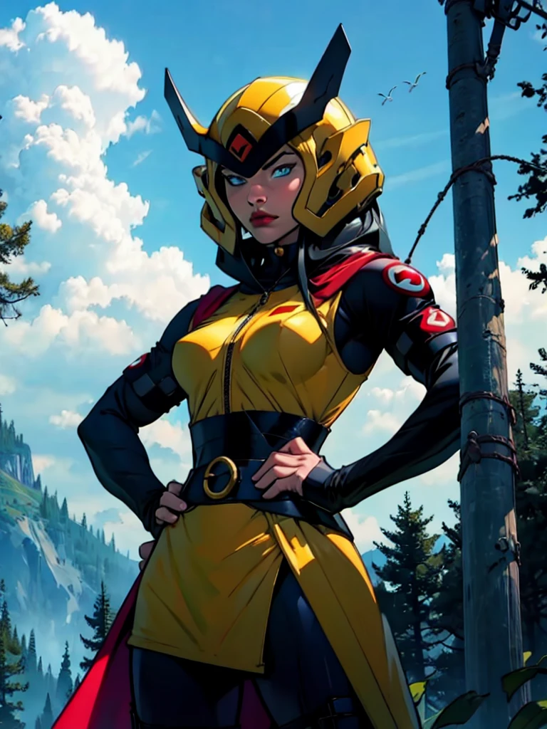 Big Fence,blue colored eyes, Bblack hair, make up,helmet, blue and gold bodysuit,red cloak, mitts, waist belt,  looking ahead at viewer, SéRiu, Jumpy, medium shot,
standing, hands on hips, out, Trees, Riu, Thu, Clouded, extreme detail, work of art,   