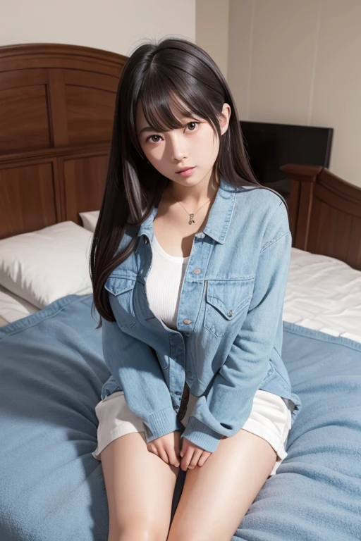 Big breasted teen girl sitting on bed 
