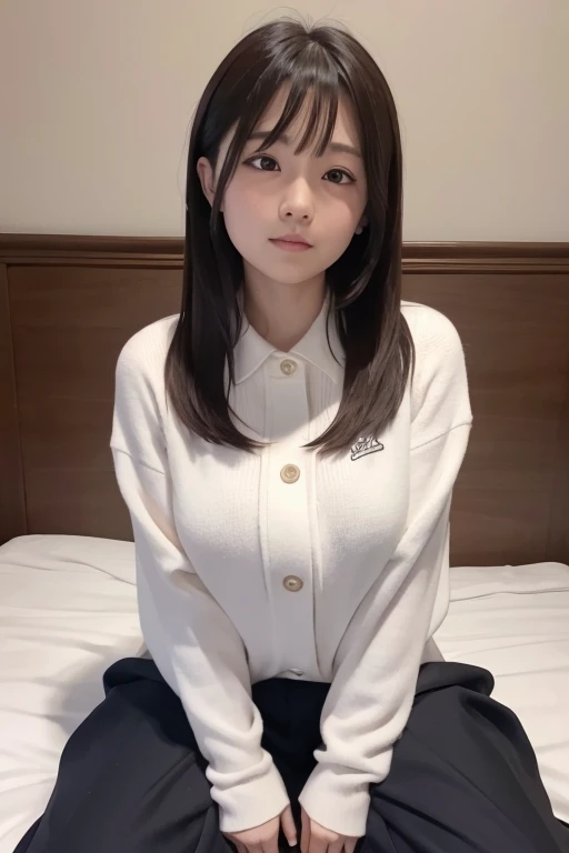 Big breasted teen girl sitting on bed 
