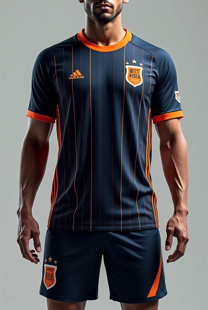 Custom soccer uniform in dark blue primary color, with thin vertical orange stripes and black shorts with orange details, with a shield on the left side of the chest with the words bela vista written on it 