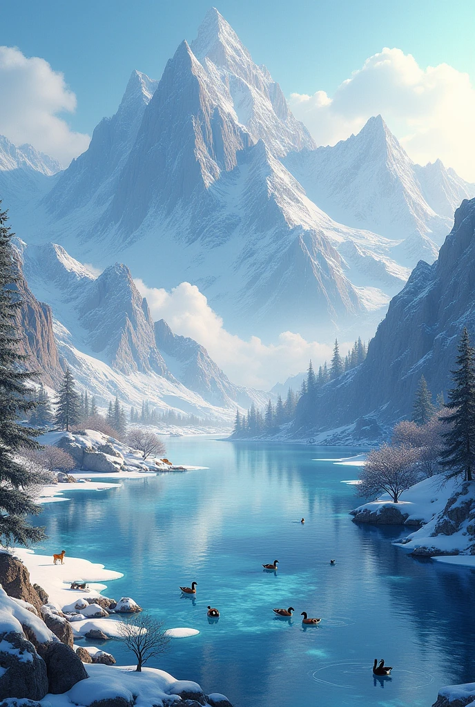 Beautiful snowy mountains with frozen lakes full of wildlife