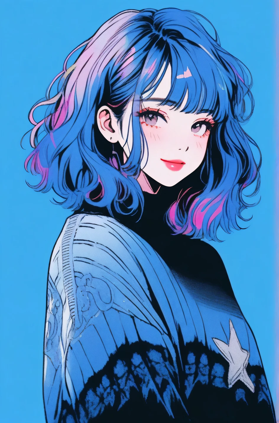 (Highest quality, sketch:1.2),Realistic,Illustrator,アニメ,1 girl, Detailed lips, sweater, custom, Blue gradient background, Neon Hair, Blue Hair, Medium Wavy Hair, Blunt bangs, Friendly, Cute Smile, A kind smile, Texture Cropping, masterpiece, Style: Retro Classic, Dark Black、whole body、Cowboy Shot, Back view,