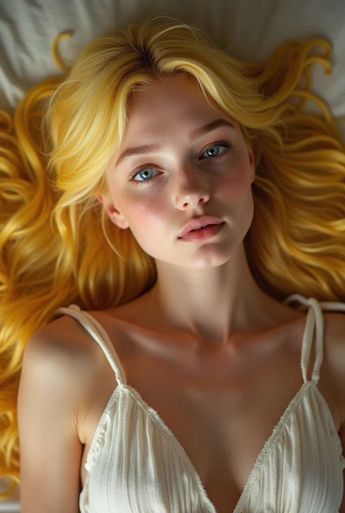 Blonde girl with yellow hair, lying down