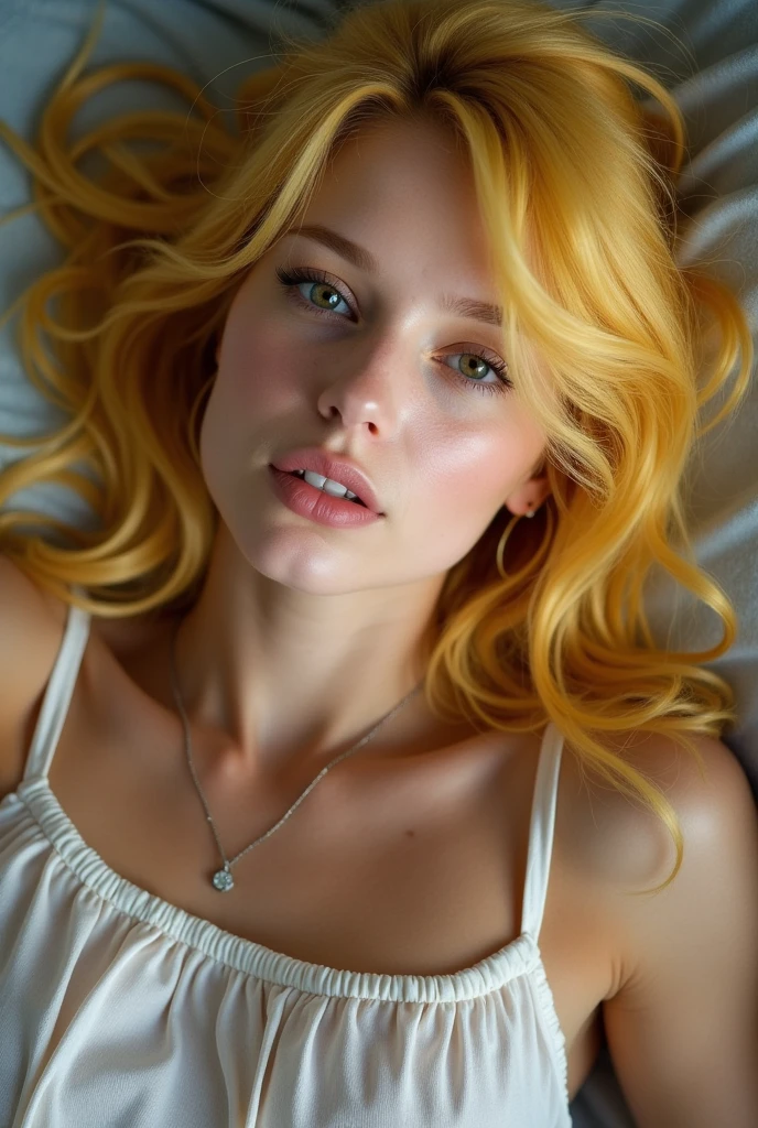 Blonde girl with yellow hair, lying down 