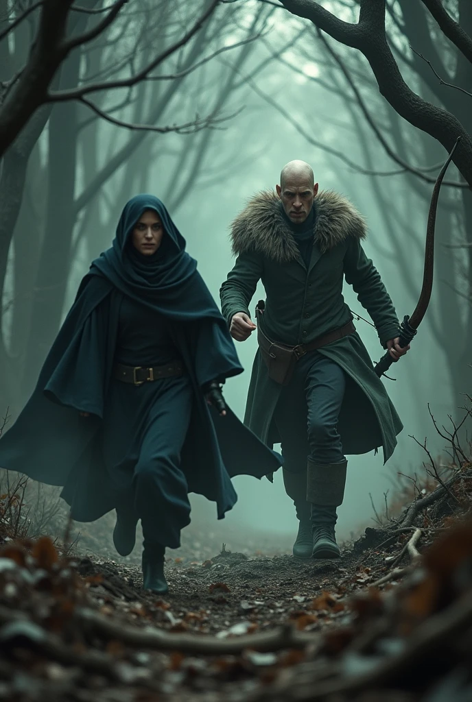 Create a witch being hunted by a bald witch hunter, let the witch run and the hunter aim a shot or arrow at her
