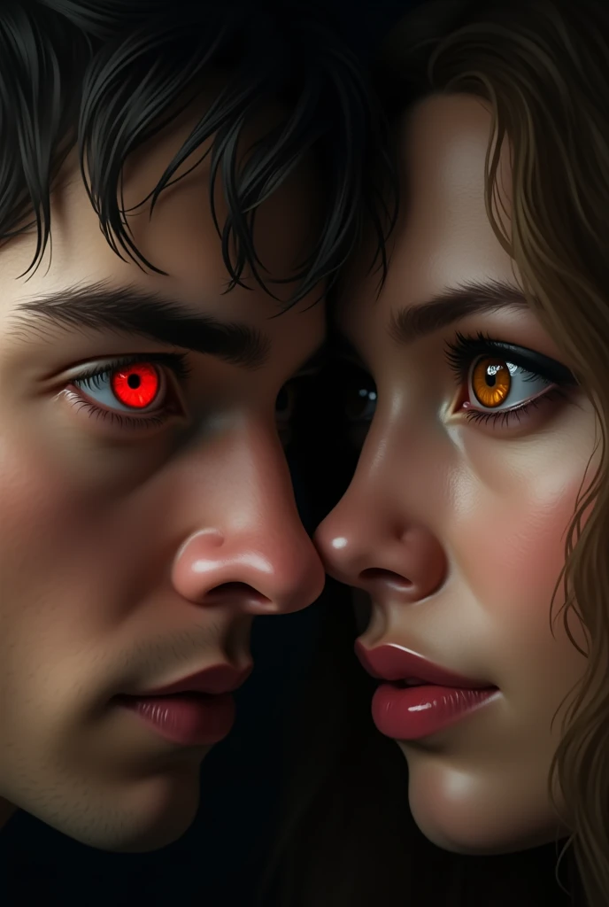 Two looks. A man&#39;s red iris. The other amber gaze of a woman. 