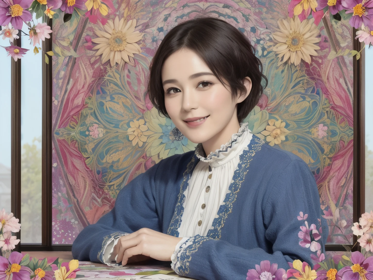 271 (20-year-old woman,short hair), (masterpiece, Highest quality, beautiful:1.2), Very detailed, (Fractal Art:1.1), (colorful:1.1), (flower:1.3), whole body, (Abstract background:1.3), (Many colors:1.4), (Old-fashioned smile), (window)
