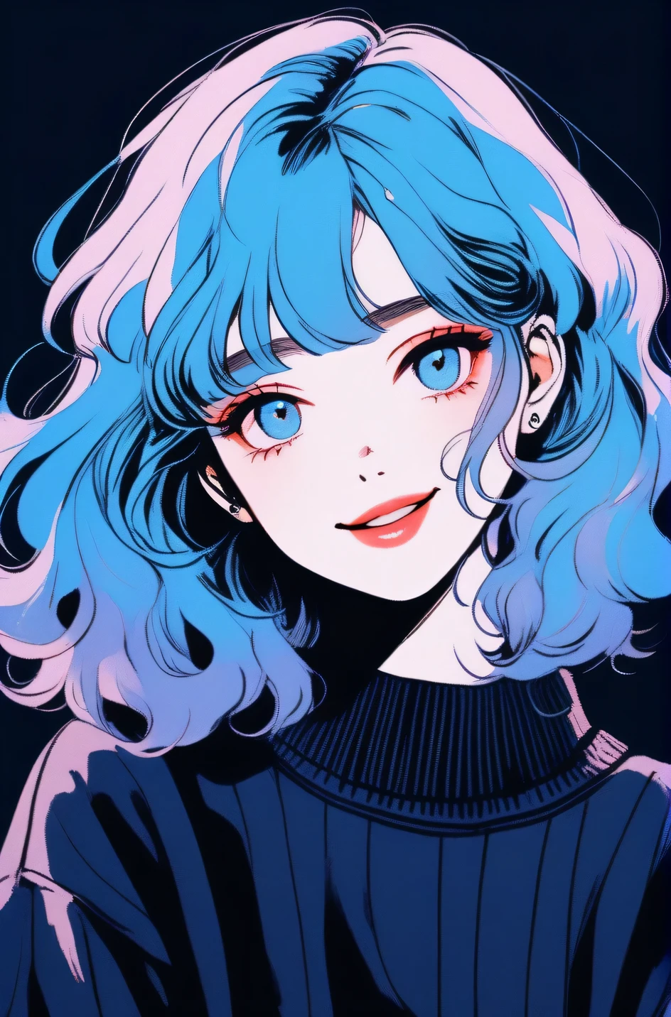 (Highest quality, sketch:1.2),Realistic,Illustrator,anime,1 girl, Detailed lips, sweater, custom, Blue gradient background, Neon Hair, Blue Hair, Medium Wavy Hair, Blunt bangs, Friendly, Cute Smile, A kind smile, Texture Cropping, masterpiece, Style: Retro Classic, Dark Black
