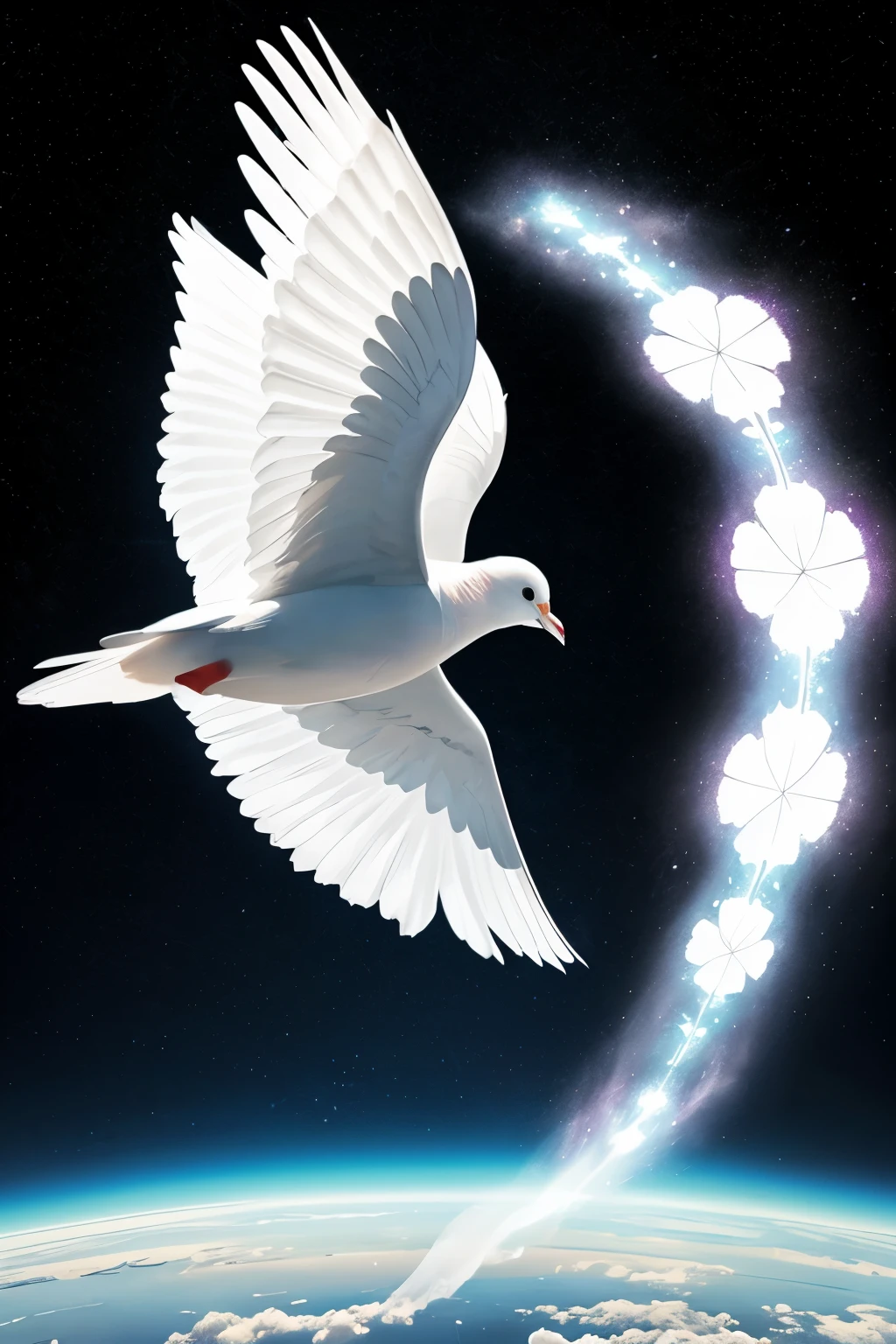 **Wonderful digital painting of a semi-transparent white smoke vapor of a beautiful and gorgeous transparent white dove hovering in space. The transparent white dove is of well-developed morphological constitution and through its transparent body a colorful flower can be seen. The background is dark, black, solid and nuanced, which contrasts sharply with the vibrant colors of the clouds, enhancing the ethereal and dreamlike quality of the image**