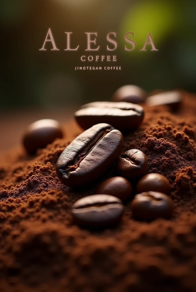 Create roasted coffee beans surrounded by ripe coffee seeds and below there is ground coffee and the center has the phrase: ALESSA COFFEE JINOTEGAN COFFEE.
