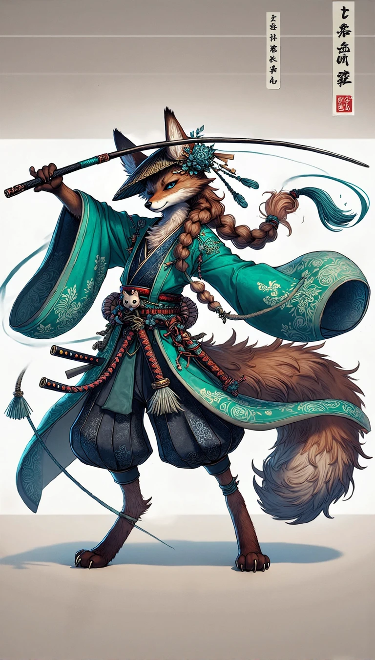 Detailed scene of a humanoid character with fox features, dressed in traditional Japanese clothing inspired by a kimono. The character wears a straw hat decorated with flowers and other elegant ornaments.. He is holding a cane or weapon, and at his side there is an eagle or falcon perched on his arm. The kimono is turquoise with intricate floral designs and gold detailing., highlighting the elegance of the character. The character&#39;s posture reflects confidence and serenity. In the background, A natural landscape is observed that could be a