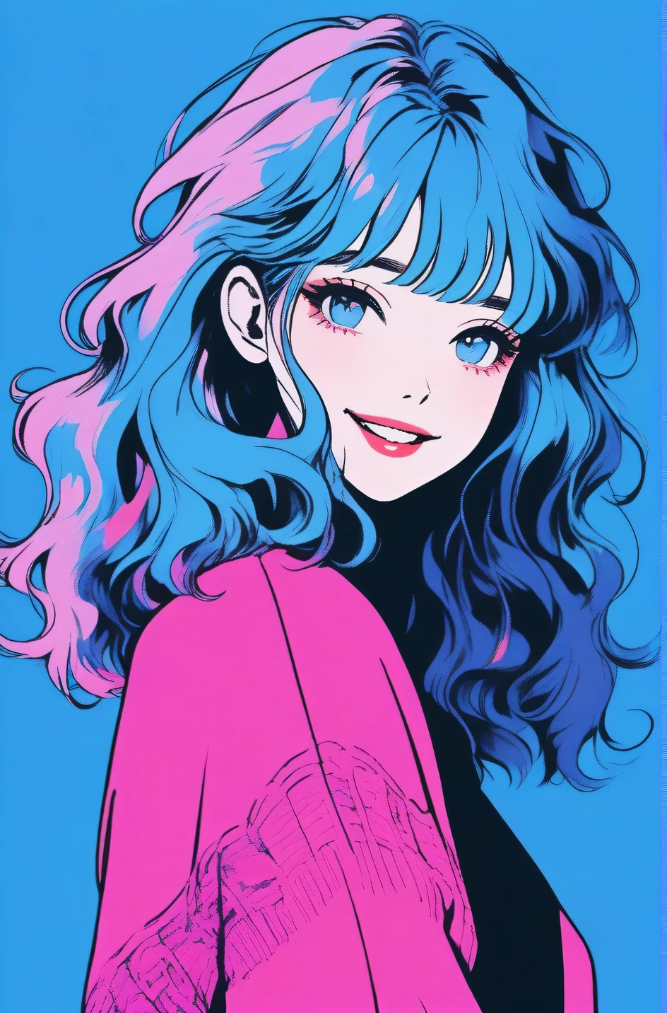(Highest quality, sketch:1.2),Realistic,Illustrator,anime,1 girl, Detailed lips, sweater, custom, Blue gradient background, Neon Hair, Blue Hair, Medium Wavy Hair, Blunt bangs, Friendly, Cute Smile, A kind smile, Texture Cropping, masterpiece, Style: Retro Classic, Dark Black