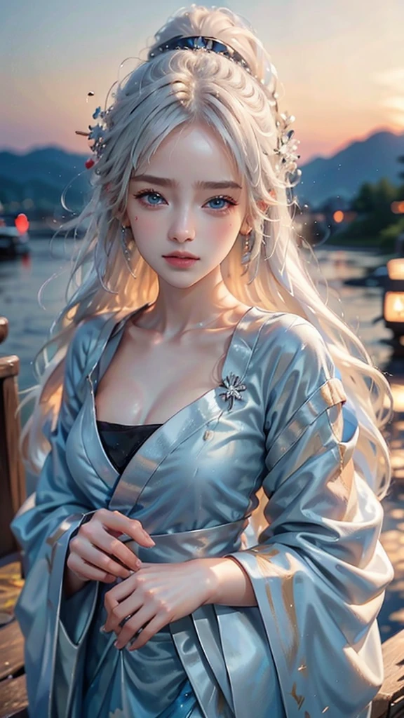 ((8k,Realistic,Beautiful single woman，White Gold Hair，Blue Eyes，Summer Nights in Japan，))Fantastic Fireworks at Miyajima，Traditional Japan yukata，The theme color is red,Angle from below