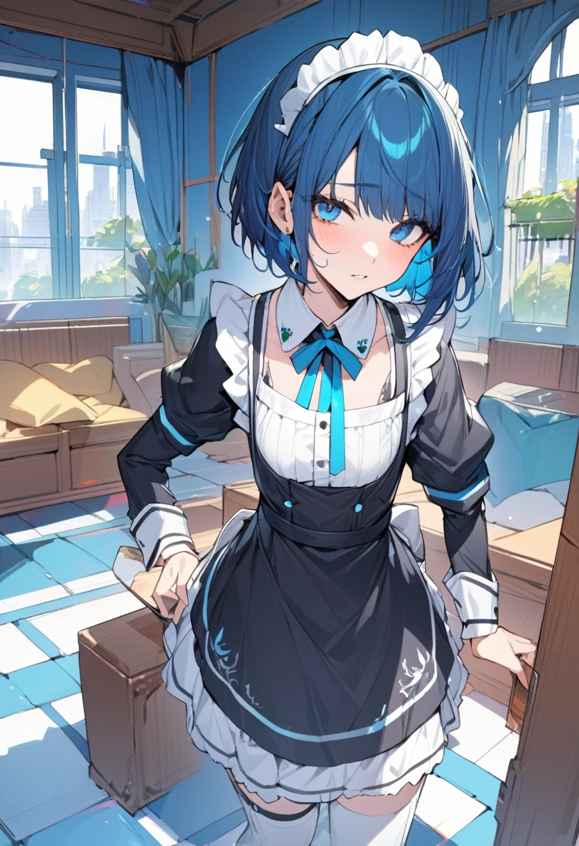 (best quality:1.3), (masterpiece:1.3), (illustration:1.3), (ultra-detailed:1.3), (Detailed blue Eyes), (short haired hairstyles), A girl, blue haired, Wearing maid Uniform.., (Deadpanned Emotion).., (Close view looking at me),maid costume,((Kiritani_Haruka)),