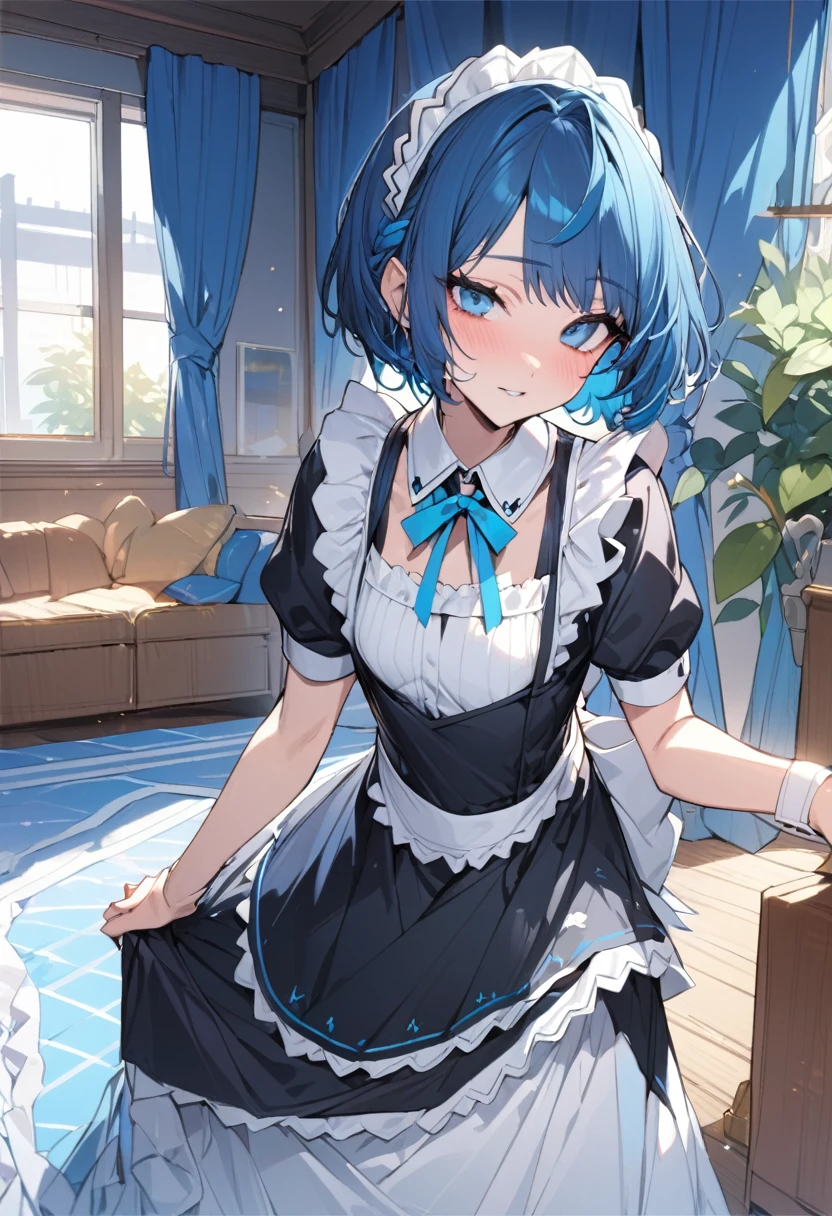 (best quality:1.3), (masterpiece:1.3), (illustration:1.3), (ultra-detailed:1.3), (Detailed blue Eyes), (short haired hairstyles), A girl, blue haired, Wearing maid Uniform.., (Deadpanned Emotion).., (Close view looking at me),maid costume,((Kiritani_Haruka)),