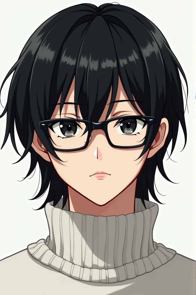 asian man, anime style, black eyed, with rectangular lenses, with shoulder-length black hair, with white sweater