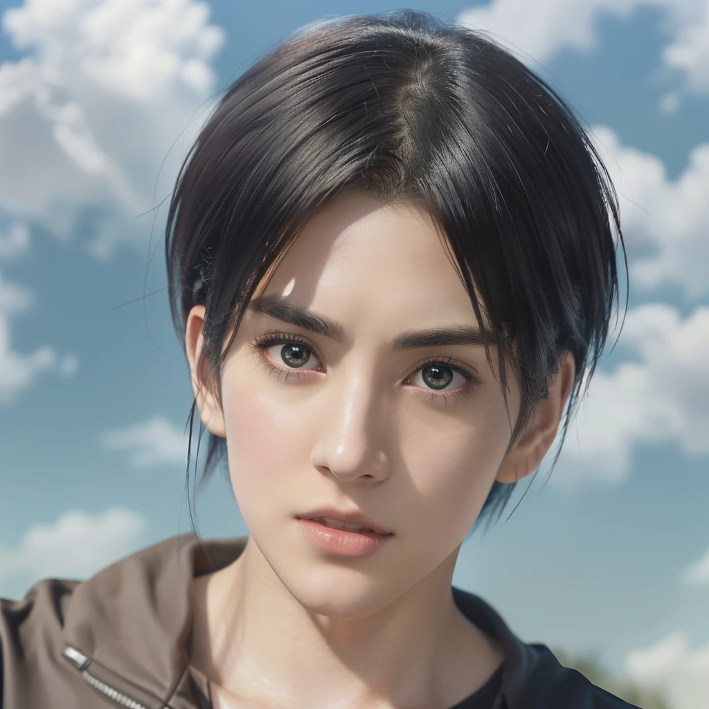 A man in a black shirt and an anime image of a black shirt, portrait of Ellen Yeager, Ellen Yeager, Ellen Yeager, from Attack on Titan, shingeki no kyojin, (Attack on Titans anime), in Attack on Titan, Levi Ackerman, Attack on Titan anime style, Attack on Titan, Official Art, Sunku
