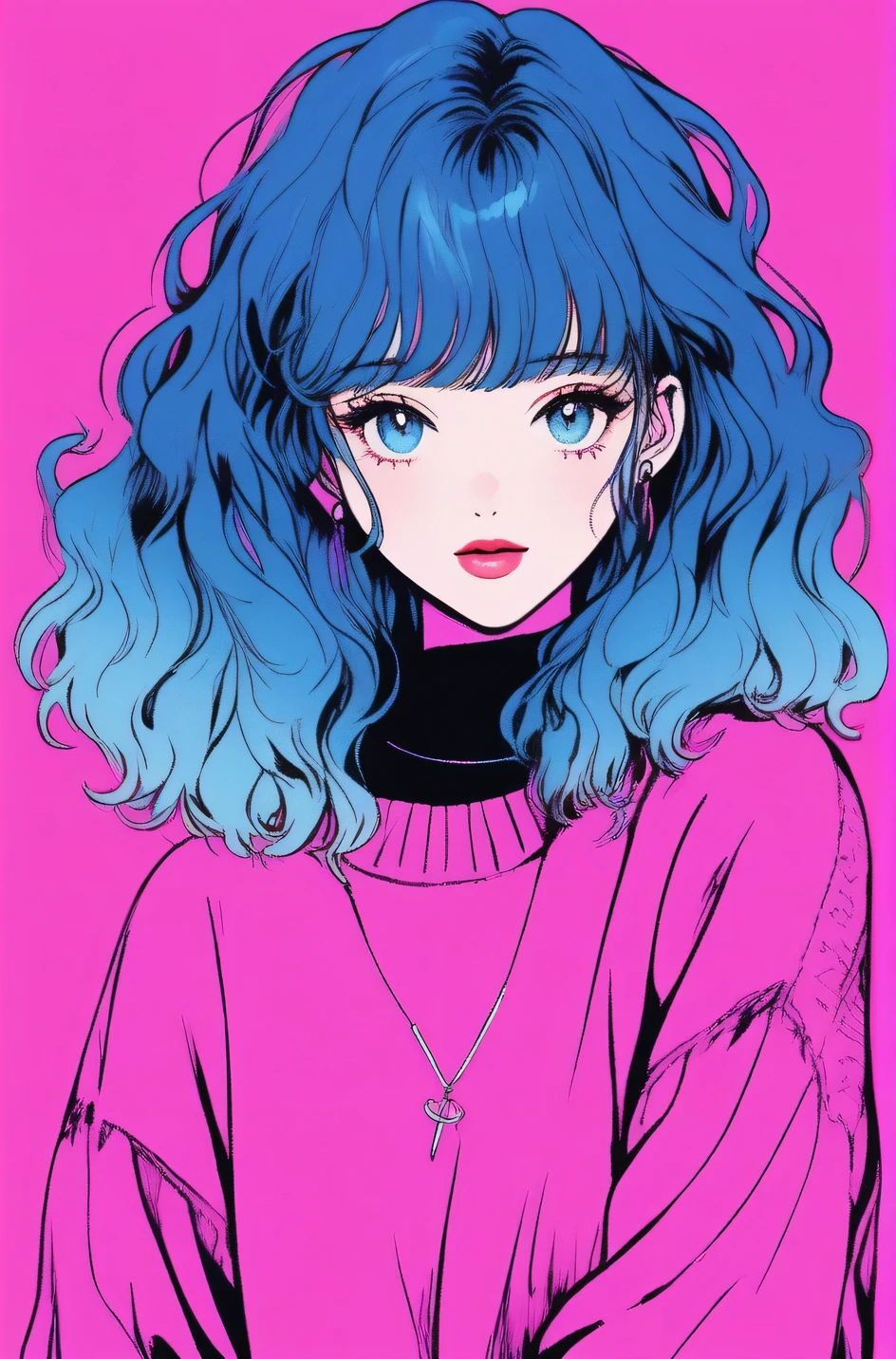 (Highest quality, sketch:1.2),Realistic,Illustrator,anime,1 girl, Detailed lips, sweater, custom, Blue gradient background, Neon Hair, Blue Hair, Medium Wavy Hair, Blunt bangs, Friendly, Cute Smile, A kind smile, Texture Cropping, masterpiece, Style: Retro Classic, Dark Black 