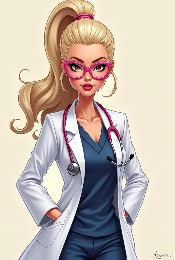 Barbie cartoon style, intimidating look, brown eyes ,round face ,female doctor with pearly blonde hair ,combed a bun with, White coat, a navy blue medical pajama ,pink frame glasses