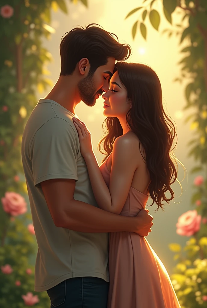 Brunette man hugging his brunette girlfriend