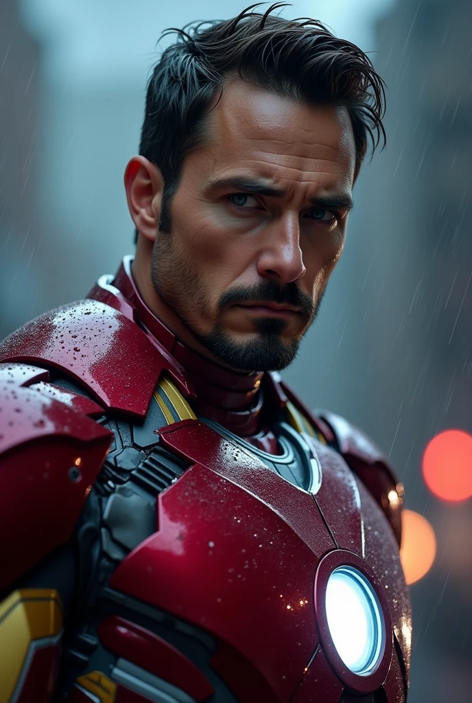 a detailed portrait of iron man, photorealistic, night scene, 8k, high quality, rain, thunder, cinematic lighting, atmospheric, dramatic, hyper-detailed, sharp focus, realistic textures, metallic sheen, glowing arc reactor, powerful expression, heroic pose