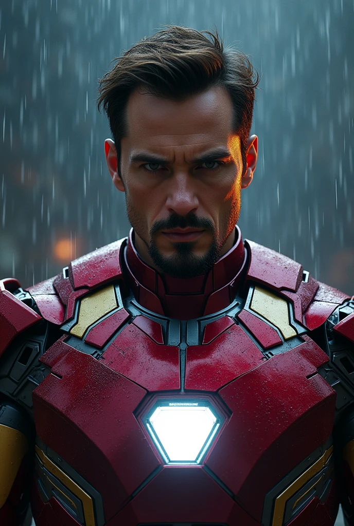 a detailed portrait of iron man, photorealistic, night scene, 8k, high quality, rain, thunder, cinematic lighting, atmospheric, dramatic, hyper-detailed, sharp focus, realistic textures, metallic sheen, glowing arc reactor, powerful expression, heroic pose