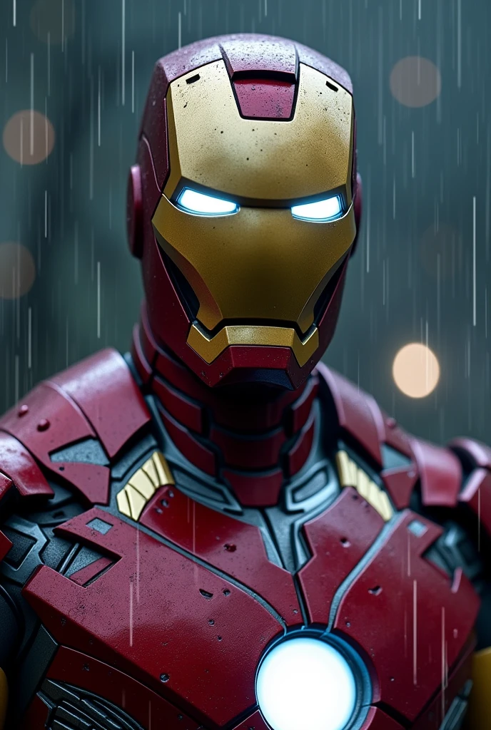 a detailed portrait of iron man, photorealistic, night scene, 8k, high quality, rain, thunder, cinematic lighting, atmospheric, dramatic, hyper-detailed, sharp focus, realistic textures, metallic sheen, glowing arc reactor, powerful expression, heroic pose