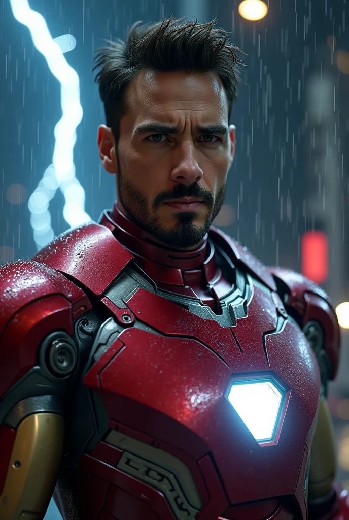 a detailed portrait of iron man, photorealistic, night scene, 8k, high quality, rain, thunder, cinematic lighting, atmospheric, dramatic, hyper-detailed, sharp focus, realistic textures, metallic sheen, glowing arc reactor, powerful expression, heroic pose
