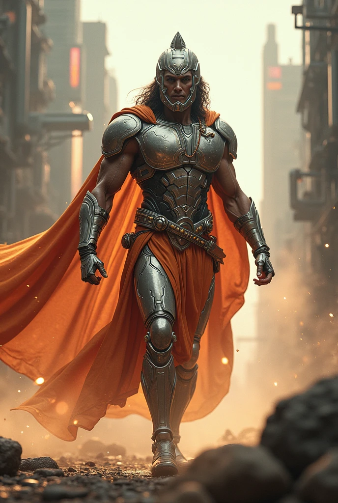Imagine Hanuman in a future world full of cutting-edge technology. He is a cool and strong warrior who uses high-tech tools and equipment to fight. Hanuman wears armor made of light but strong futuristic materials, has advanced weapons that can shoot energy and create protective barriers. At the same time, he maintains morality and justice. The resonating sound when he moves makes people feel his power. The surroundings are full of skyscrapers and flying vehicles. Hanuman must face enemies that use high-tech to attack.