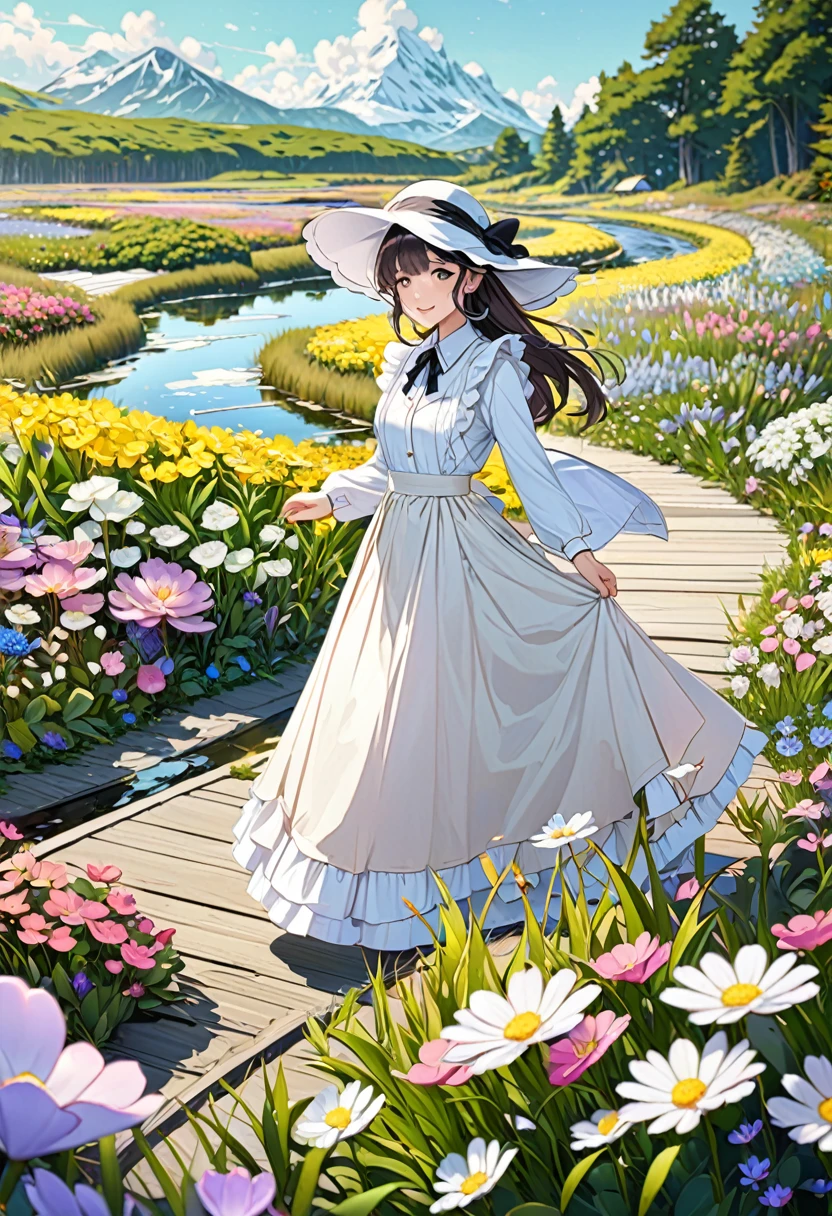 Nature、Magnificent View、Marshland、Flower Field、alpine plants、Boardwalk、Girl and maid、（Girl Walking On The Road、White wide-brimmed hat、Long Skirt、pastel colour、cardigan）、（Attendant maid、Classical Maid）