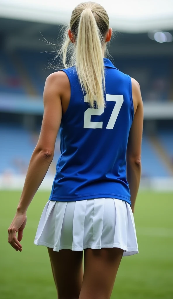 best quality, masterpiece, ultra high resolution, highly detailed, photorealistic, professional lighting, 1 girl, long straight platinum-blonde hair draped over her shoulder, (royal blue sleeveless ladies polo shirt:1.3), (huge breasts:1.3), white pleated skirt, (brown pantyhose:1.5), (walking away from the viewer:1.3), (in white lettering the phrase “27” on her back:1.3), (small hips:1.2), small butt, (thin:1.1), skinny girl, short, (155 centimeters tall:1.2), athletic, (ideal female body:1.2), (low wedge heel booties:1.2), long toned legs, field hockey player, (view her from 4 meters behind:1.2), (all of the woman is in view:1.1), backdrop of a sports arena