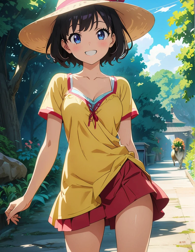 (anime artwork, anime style, studio anime, very detailed, up to date, vibrant, Anime Coloring, high contrast, masterpiece:1.2, best quality, best aesthetics),1 girl, Medium chest, A glimpse of thighs,zoological garden,happy, smile, summer clothes, hat,