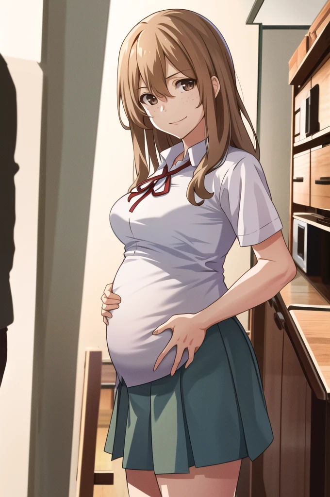 masterpiece, best quality, highres, aoki1, brown eyes, freckles, skirt, white shirt, ribbon, cowboy shot, standing, pregnant belly, pregnant, very pregnant, posing