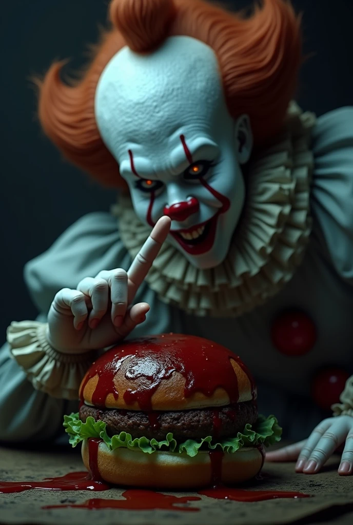 The character Pennywise is behind a table with a burger staring at him, in a dark and colorless place, with low contrast, leaving the clown and the hamburger very evident. Create a more realistic one Make the burger more obvious Put barbecue sauce on the burger The clown has his index finger stretched out in front of his mouth making a gesture of silence with his lips pursed,
The clown's eyes are wide open The clown's face is very close to the burger The sauce looks like blood