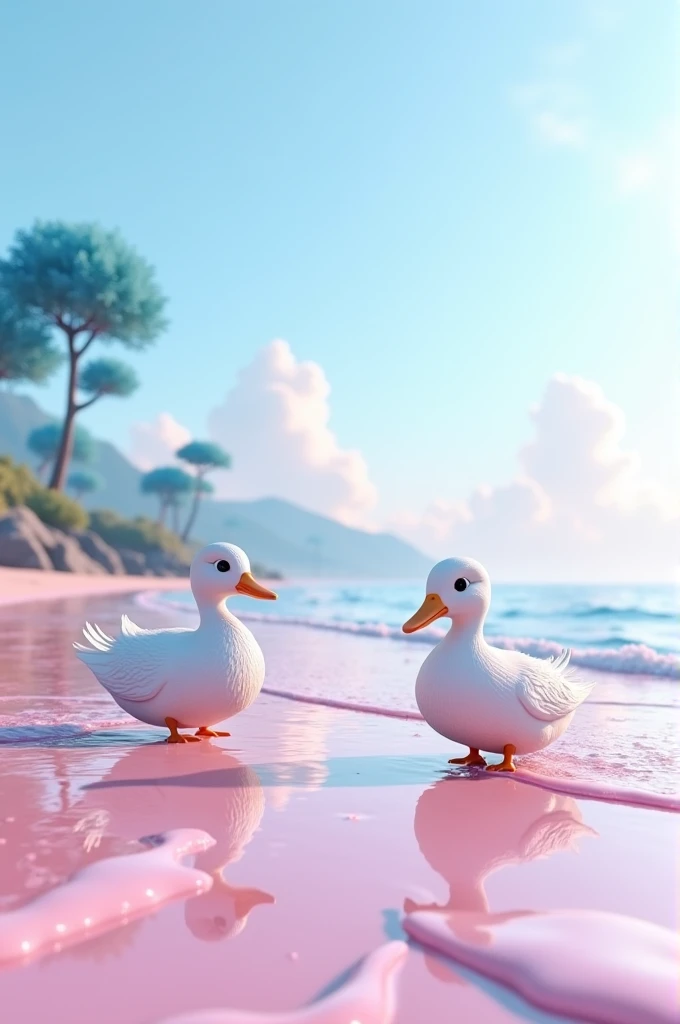 This image has to be in 3D but Pink Color a glass beach several blue trees a couple of ducks watching the sea during a beautiful sunrise