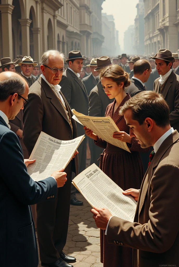 Many people from the liberal era reading newspapers