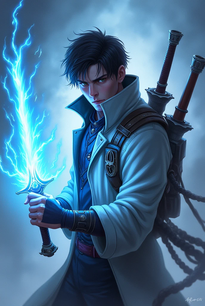 OLd man,Perfect hand, Male character, dark hair, serious expression, wearing a light jacket with dark accents, holding a glowing sword with blue energy, another weapon strapped to his back, surrounded by swirling blue energy, dynamic pose, intense blue and white light effects in the background.