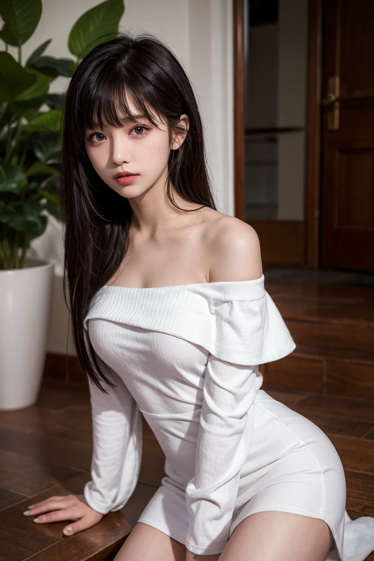 ulzzang-6500-v1.1,(Raw photo:1.2), (Photoreal), (genuine:1.4), ((muste piece)),(very realistic, High resolution, detailed face, fine eyes), Realistic college girl in kashkul knit dress、popular hairstyles、Wearing ultra-realistic pantyhose、lying on the bed、