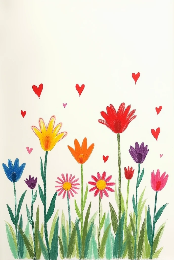 A minimalist garden drawing with colorful flowers made with chalk and hearts but some half-erased wilted flowers with a space above